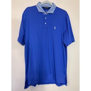 Polo Golf Ralph Lauren Men's Large Blue Plaid Collar Wicking Performance Shirt